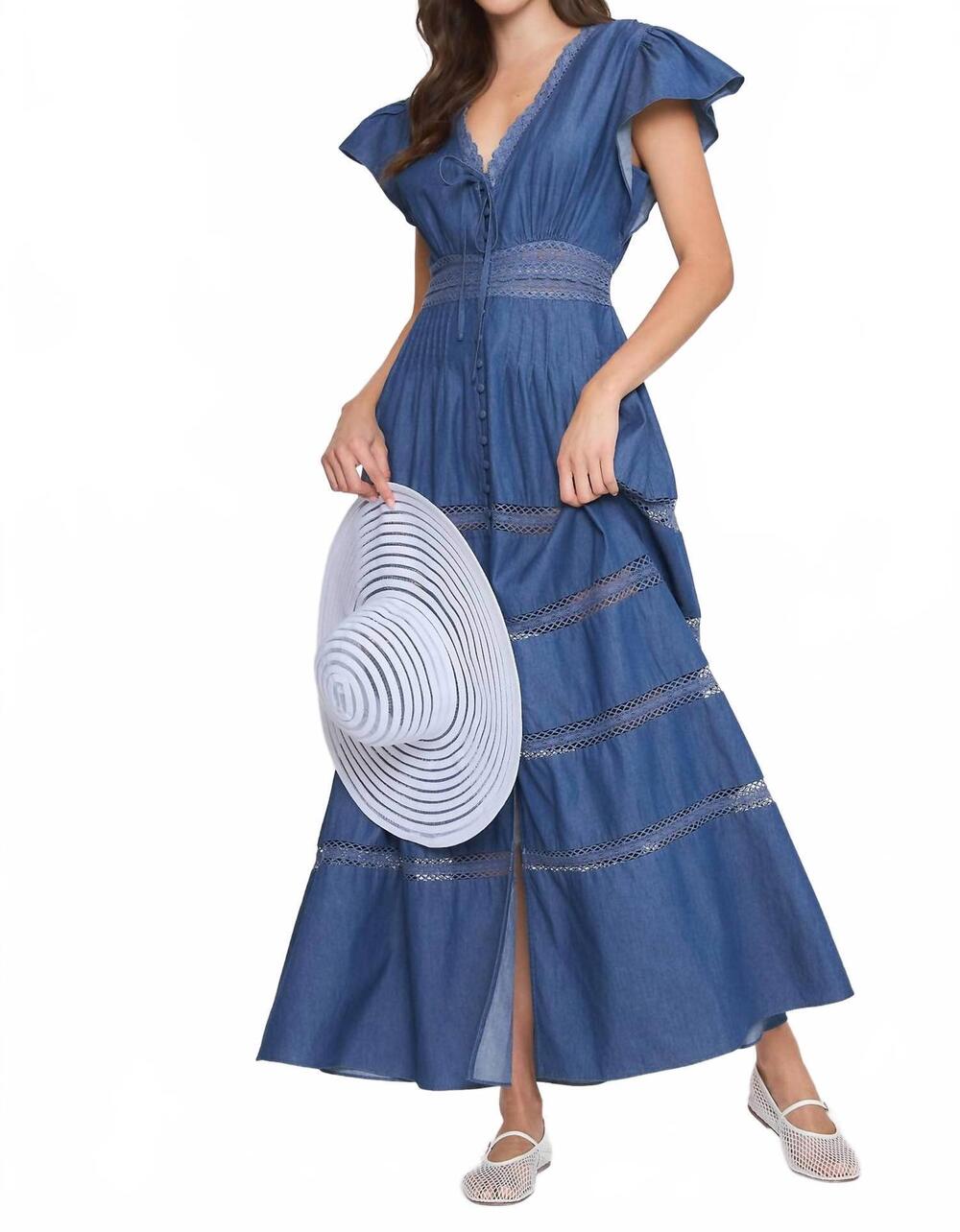NEW CAMELLIA denim chambray maxi dress in blue